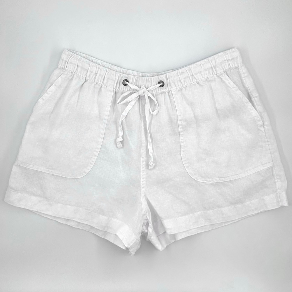 C&C CALIFORNIA White 100% Linen Drawstring Waist Shorts Womens L Pockets Coastal